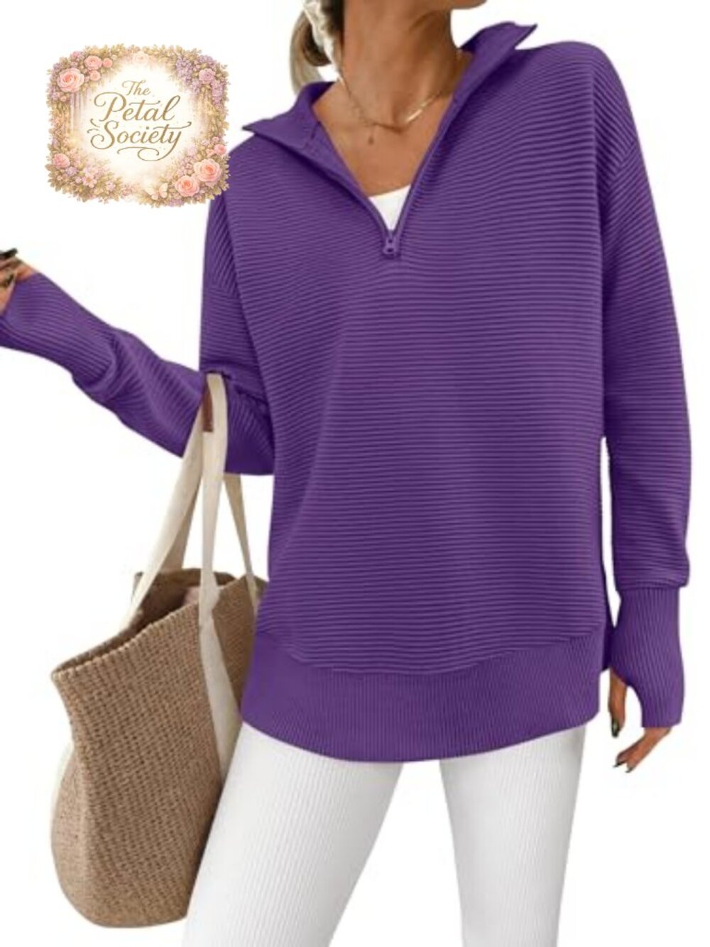 Quarter Zip Ribbed Knit Pullover Sweater Long Sleeve Thumb Hole Loose Fit